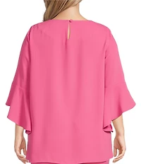 Caroline Rose Plus Size Julia Matte Crepe Round Neck 3/4 Ruffled Sleeve High-Low Hem Top