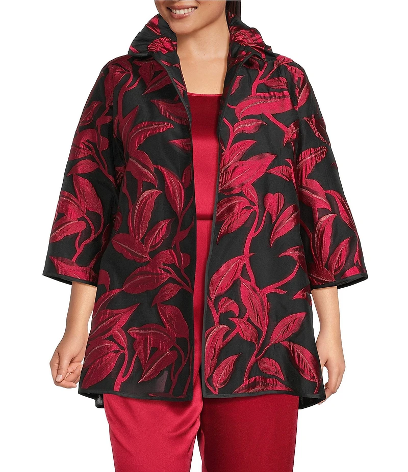 Caroline Rose Plus Size Luxe Leaf Pattern Devore Ruched Collar 3/4 Sleeve Open-Front Statement Jacket