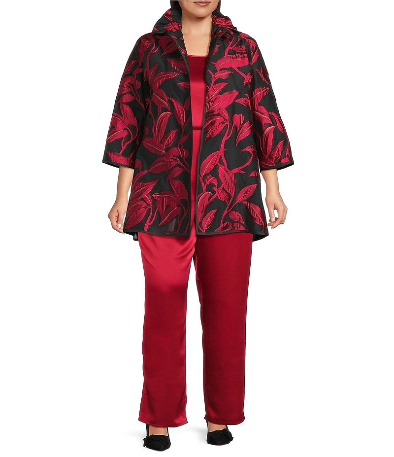 Caroline Rose Plus Size Luxe Leaf Pattern Devore Ruched Collar 3/4 Sleeve Open-Front Statement Jacket