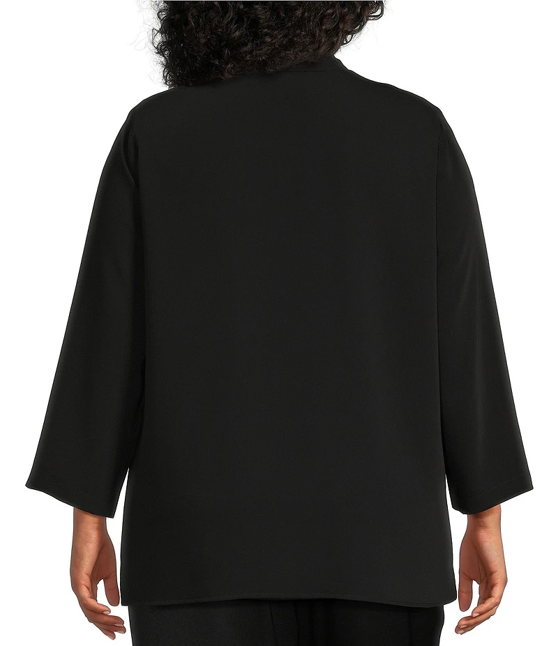 Caroline Rose Plus Size Matte Crepe Mandarin Collar 3/4 Sleeve Black Rhinestone Button Statement Jacket