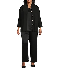 Caroline Rose Plus Size Matte Crepe Mandarin Collar 3/4 Sleeve Black Rhinestone Button Statement Jacket