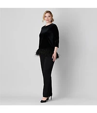 Caroline Rose Plus Size Stretch Velvet Round Neck 3/4 Sleeve Feather Trim Swing Top