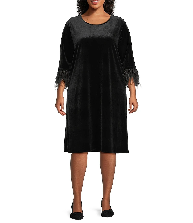 Caroline Rose Plus Size Stretch Velvet Scoop Neck Feather Trim 3/4 Sleeve A-Line Dress