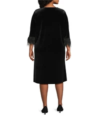 Caroline Rose Plus Size Stretch Velvet Scoop Neck Feather Trim 3/4 Sleeve A-Line Dress