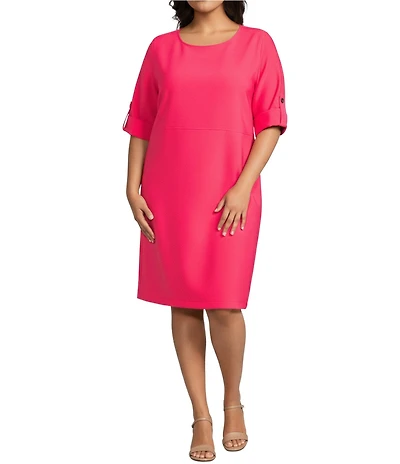 Caroline Rose Plus Tabi Crepe Scoop Neck Roll Tab Elbow Sleeve Dress