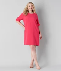 Caroline Rose Plus Tabi Crepe Scoop Neck Roll Tab Elbow Sleeve Dress