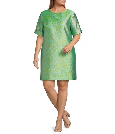 Caroline Rose Plus Talia Metallic Jacquard Animal Print Cuffed Elbow Sleeve Shift Dress