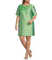 Caroline Rose Plus Talia Metallic Jacquard Animal Print Cuffed Elbow Sleeve Shift Dress
