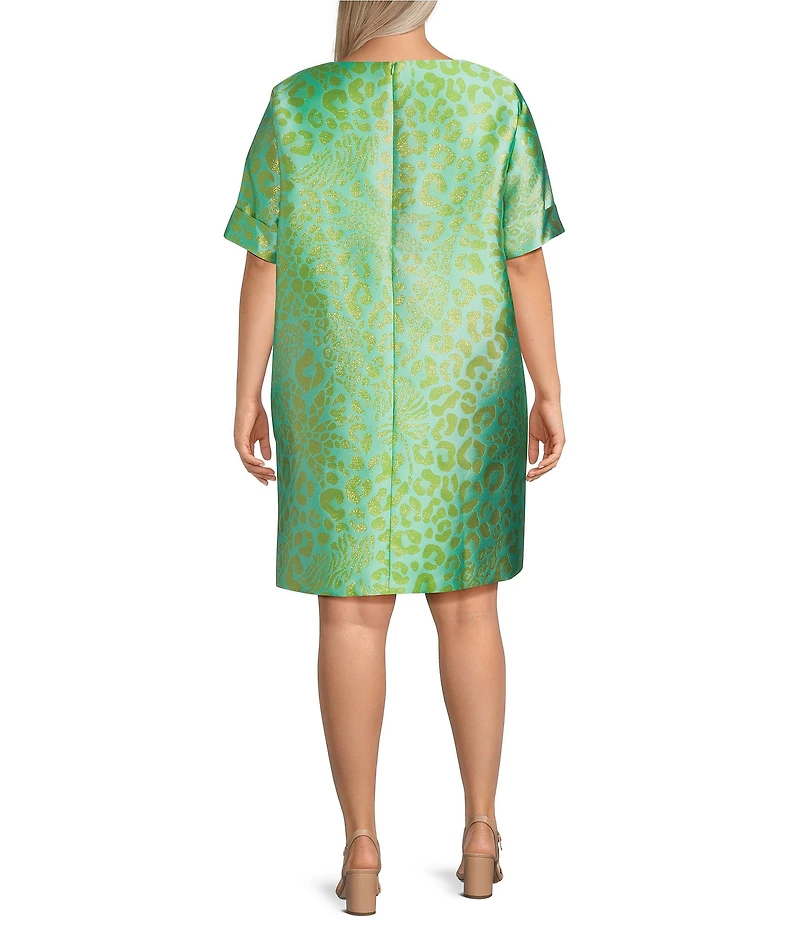 Caroline Rose Plus Talia Metallic Jacquard Animal Print Cuffed Elbow Sleeve Shift Dress