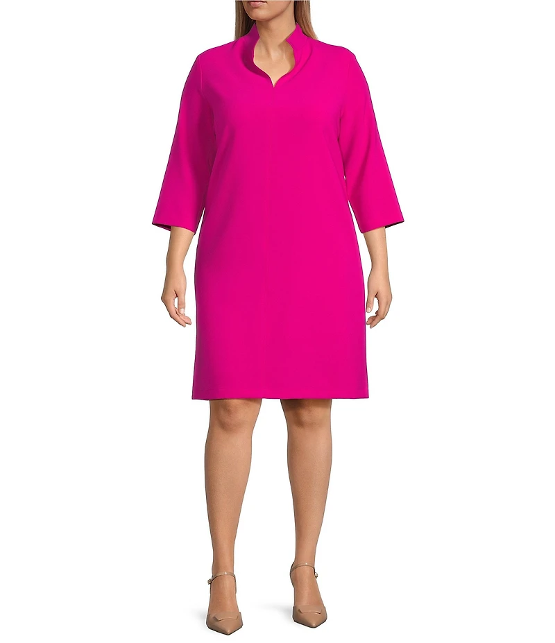 Caroline Rose Plus Taylor Crepe Split Mandarin Collar 3/4 Sleeve A-Line Dress