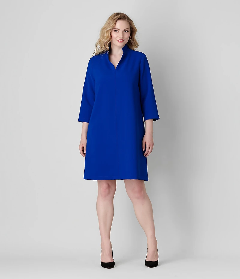 Caroline Rose Plus Taylor Crepe Split Mandarin Collar 3/4 Sleeve A-Line Dress