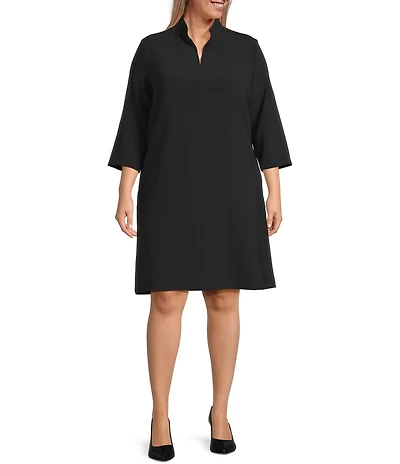 Caroline Rose Plus Size Taylor Crepe Split Mandarin Collar 3/4 Sleeve A-Line Dress