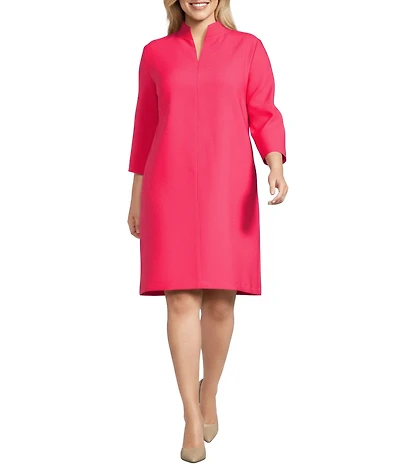 Caroline Rose Plus Taylor Crepe Split Mandarin Collar 3/4 Sleeve A-Line Dress