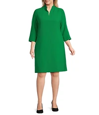 Caroline Rose Plus Taylor Crepe Split Mandarin Collar 3/4 Sleeve A-Line Dress