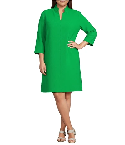 Caroline Rose Plus Size Taylor Crepe Split Mandarin Collar 3/4 Sleeve A-Line Dress