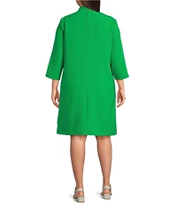 Caroline Rose Plus Taylor Crepe Split Mandarin Collar 3/4 Sleeve A-Line Dress