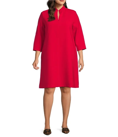 Caroline Rose Plus Taylor Crepe Split Mandarin Collar 3/4 Sleeve A-Line Dress