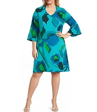 Caroline Rose Plus Valentina Copa Abstract Floral Print Matte Crepe V-Neck 3/4 Bell Sleeve A-Line Dress