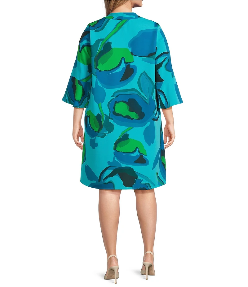 Caroline Rose Plus Valentina Copa Abstract Floral Print Matte Crepe V-Neck 3/4 Bell Sleeve A-Line Dress