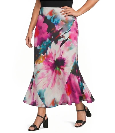 Caroline Rose Plus Watercolor Floral Print Flat Front Elastic Waist Flared Hem Long Skirt
