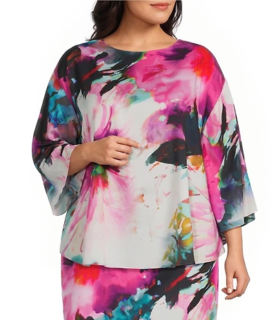 Caroline Rose Plus Watercolor Floral Print Round Neck 3/4 Dolman Sleeve Top