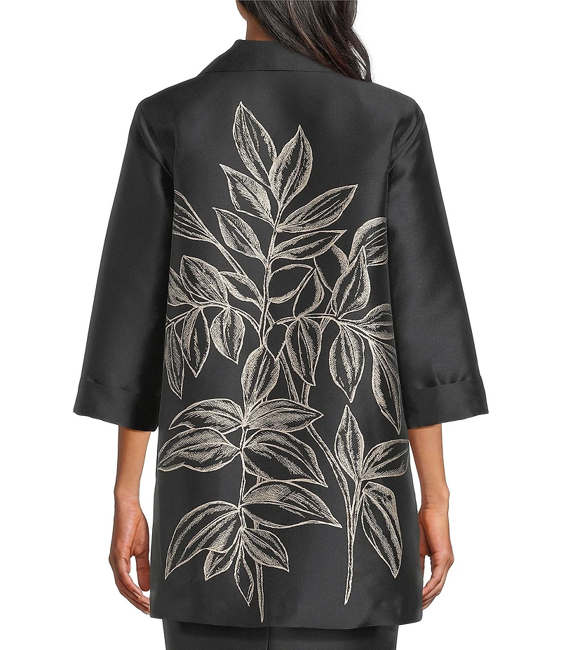 Caroline Rose Printed Rose Leaf Jacquard Point Collar 3/4 Sleeve Statement Jacket