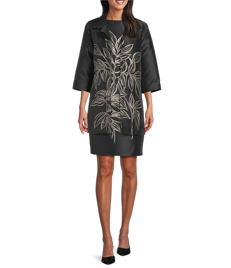 Caroline Rose Printed Rose Leaf Jacquard Point Collar 3/4 Sleeve Statement Jacket