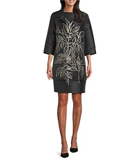 Caroline Rose Printed Rose Leaf Jacquard Point Collar 3/4 Sleeve Statement Jacket