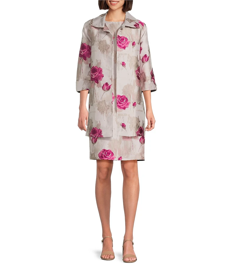 Caroline Rose Romantic Rose Jacquard Notched Collar 3/4 Sleeve Open-Front Coordinating Statement Jacket