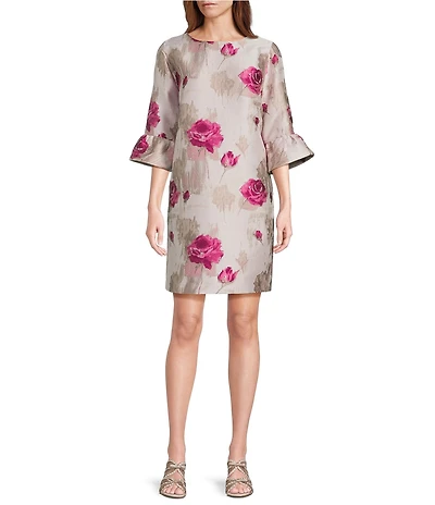 Caroline Rose Romantic Rose Jacquard Scoop Neck 3/4 Ruffle Sleeve Dress