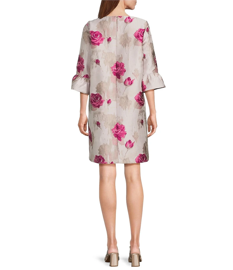 Caroline Rose Romantic Rose Jacquard Scoop Neck 3/4 Ruffle Sleeve Dress