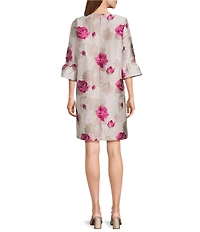 Caroline Rose Romantic Rose Jacquard Scoop Neck 3/4 Ruffle Sleeve Dress