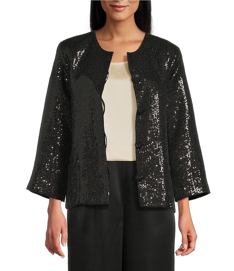 Caroline Rose Sequin Sparkle Round Neck 3/4 Sleeves Boxy Jacket