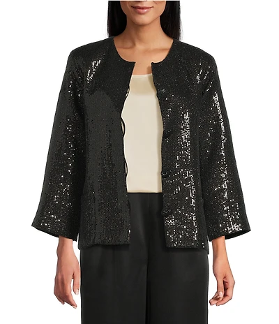 Caroline Rose Sequin Sparkle Round Neck 3/4 Sleeves Boxy Jacket
