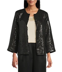 Caroline Rose Sequin Sparkle Round Neck 3/4 Sleeves Boxy Jacket