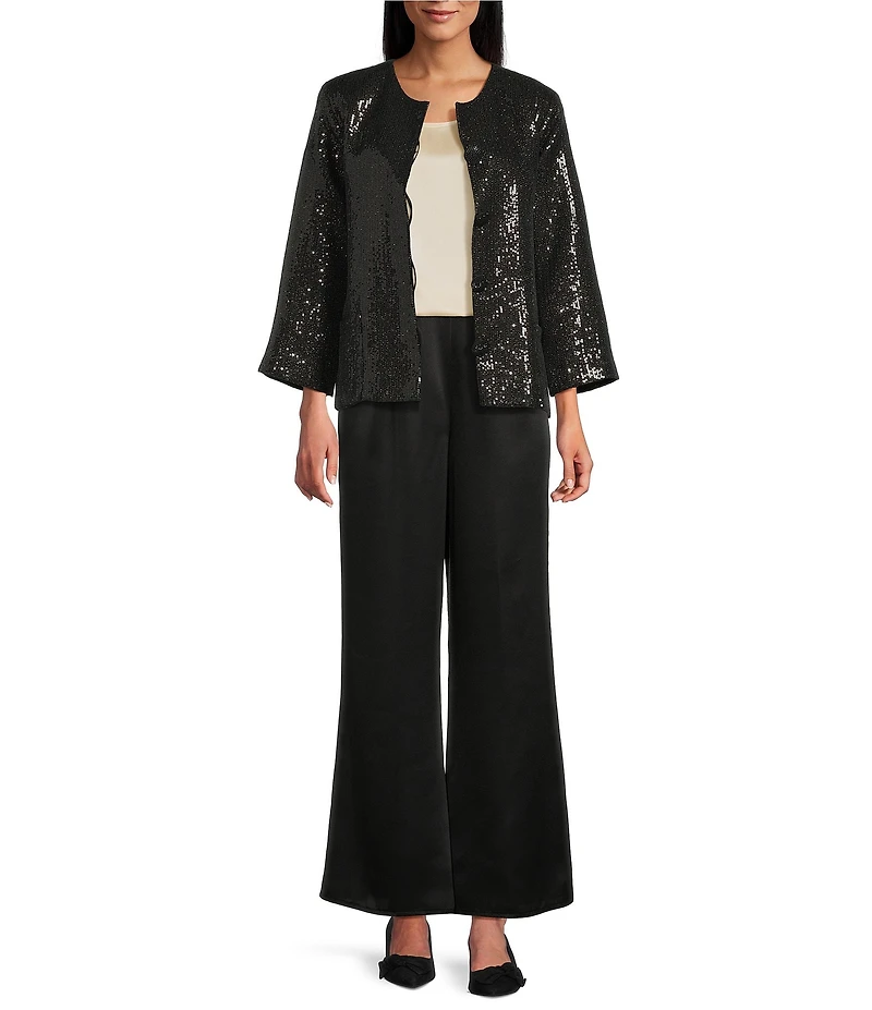 Caroline Rose Sequin Sparkle Round Neck 3/4 Sleeves Boxy Jacket