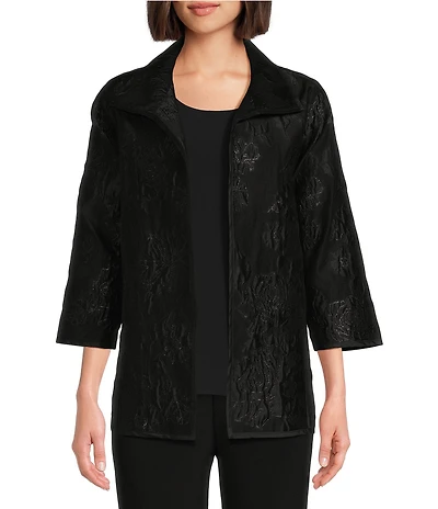 Caroline Rose Shimmer Rose Burnout Jacquard Convertible Stand Collar Bracelet Sleeve Statement Jacket