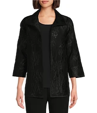 Caroline Rose Shimmer Rose Burnout Jacquard Convertible Stand Collar Bracelet Sleeve Statement Jacket