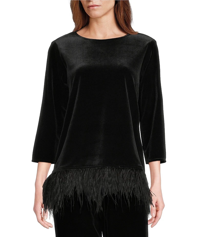 Caroline Rose Stretch Velvet Round Neck 3/4 Sleeve Feather Trim Swing Top