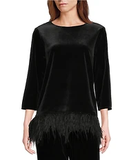 Caroline Rose Stretch Velvet Round Neck 3/4 Sleeve Feather Trim Swing Top