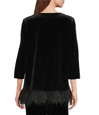 Caroline Rose Stretch Velvet Round Neck 3/4 Sleeve Feather Trim Swing Top