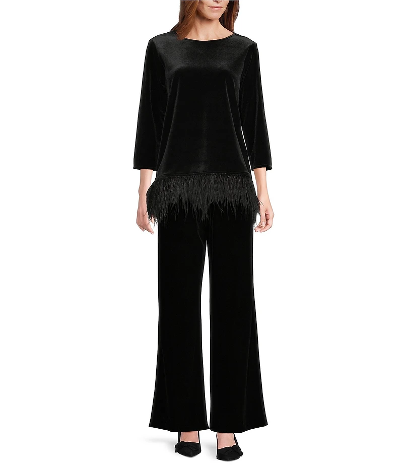 Caroline Rose Stretch Velvet Round Neck 3/4 Sleeve Feather Trim Swing Top