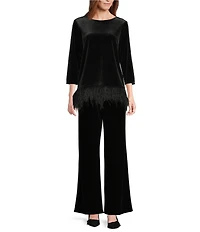 Caroline Rose Stretch Velvet Round Neck 3/4 Sleeve Feather Trim Swing Top