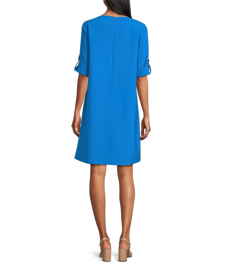 Caroline Rose Tabi Crepe Scoop Neck Roll Tab Elbow Sleeve Dress