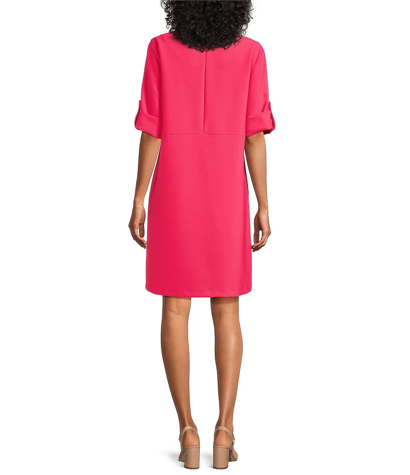 Caroline Rose Tabi Crepe Scoop Neck Roll Tab Elbow Sleeve Dress
