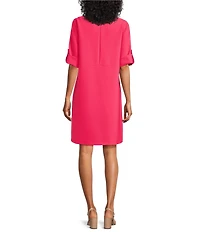 Caroline Rose Tabi Crepe Scoop Neck Roll Tab Elbow Sleeve Dress