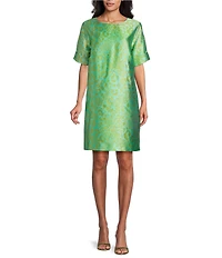 Caroline Rose Talia Metallic Jacquard Animal Print Cuffed Elbow Sleeve Shift Dress