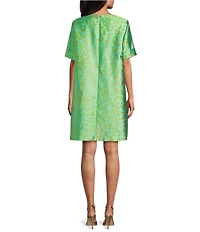 Caroline Rose Talia Metallic Jacquard Animal Print Cuffed Elbow Sleeve Shift Dress