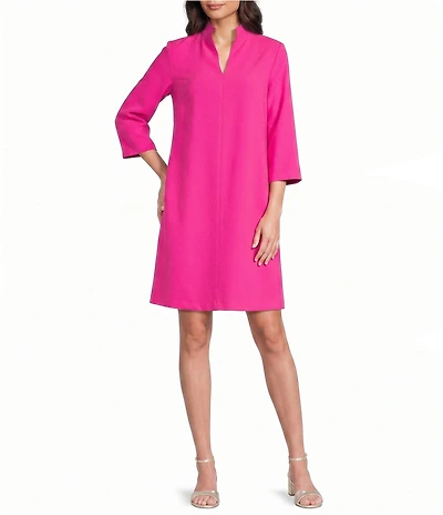Caroline Rose Taylor Crepe Split Mandarin Collar 3/4 Sleeve A-Line Dress