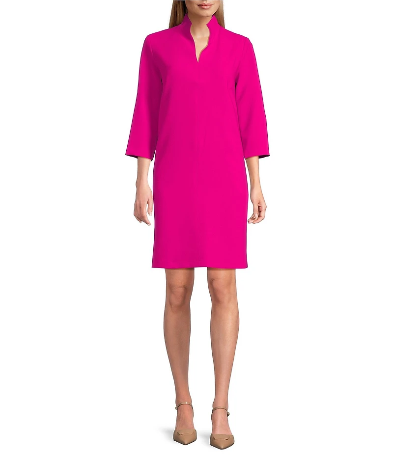 Caroline Rose Taylor Crepe Split Mandarin Collar 3/4 Sleeve A-Line Dress